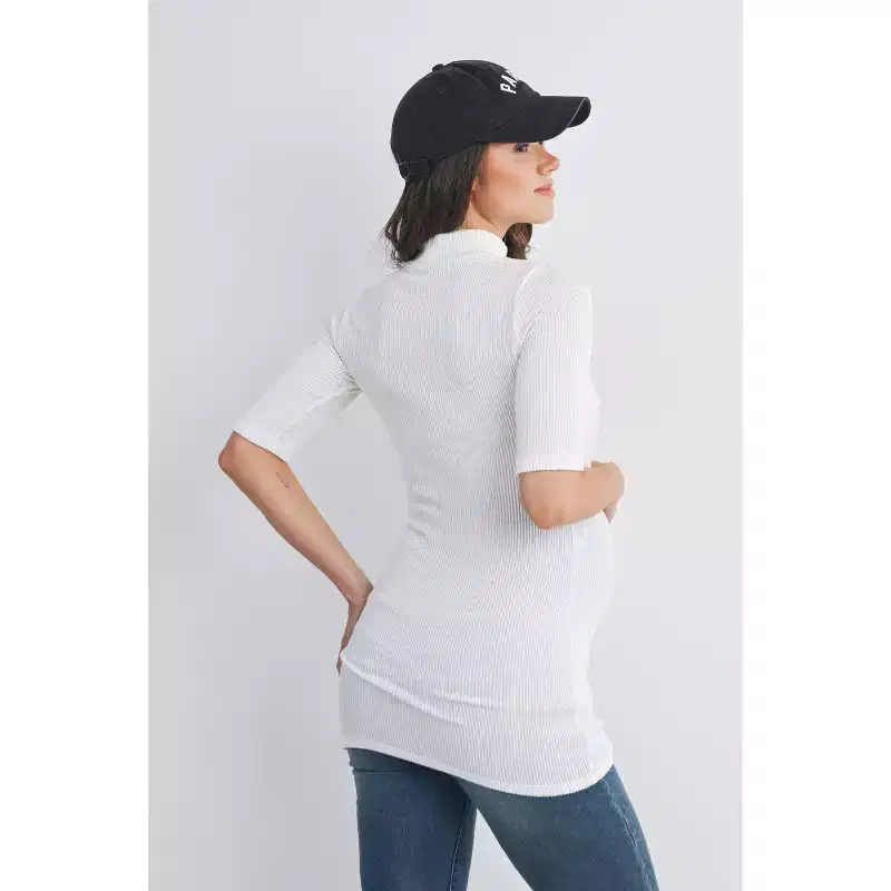 Hello Miz Women's Ribbed Mock Neck Elbow Sleeve Maternity Top