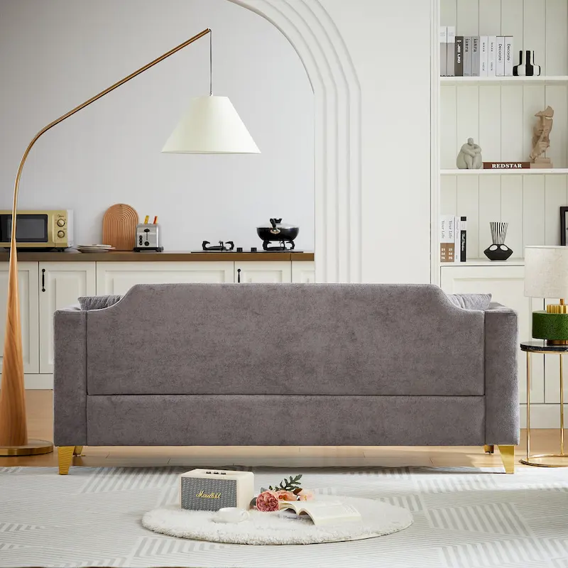 Grey 61.5 Chenille 3-Seater Tufted Sofa with Copper Nail Arms, 2 Pillows