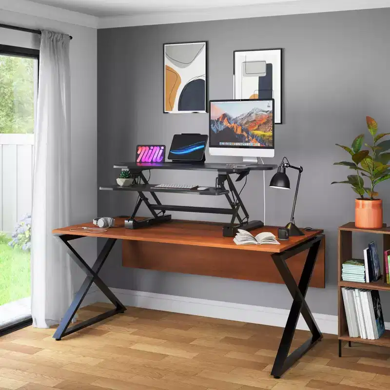 Mount-It! Height Adjustable Standing Desk Converter | 48 Wide Tabletop Sit Stand Desk Riser with Gas Spring | Stand Up Workstation Fits Dual Monitors