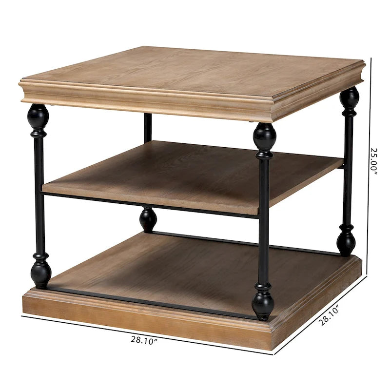 Traditional Industrial Wood and Black Metal 3-Tier End Table