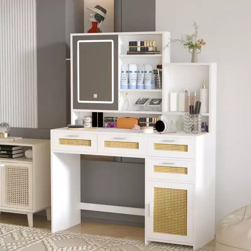 Okak Vanity Table with Lights, 3-Color LED Lighting & Flip Mirror, 4-Drawer Vanity Desk with Cabinet-Shelf Storage System, White