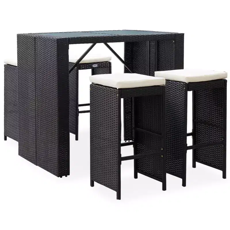 vidaXL 5-Piece Patio Bar Set - Poly Rattan and Glass in Black - Includes Comfortable Cushions - Easy Assembly - Suitable for Outdoor Use