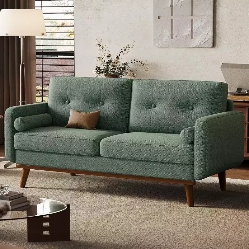 65 Mid Century Modern Loveseat Sofa, 2 Seater Linen Upholstered Couch with Button Tufted Design & Wood Legs for Living Room & Apartment