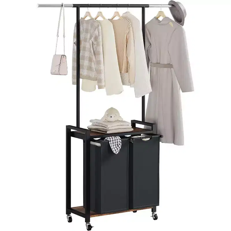 Acekool Rolling Laundry Hamper with Rack, Vintage Metal Clothes Organizer with Shelf for Home Storage