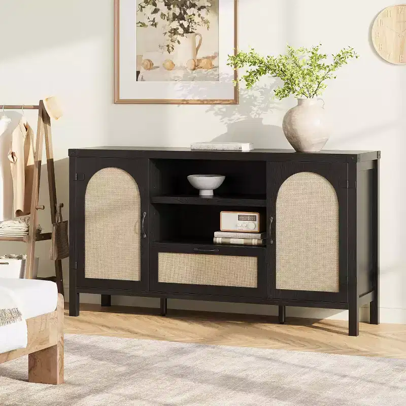 59.1'' Rattan Buffet Cabinet, Kitchen Coffee Bar Cabinet w/Doors and Drawer, Boho Sideboard with Adjustable Shelves & Handle for Living Room