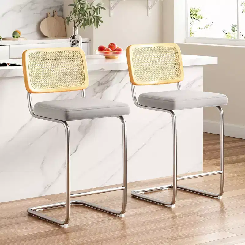 PexFix 2Pcs Counter Height Bar Stools Upholstered Velvet Barstools with Rattan Back 26 Height Stools Armless Bar Chairs for Kitchen Island Grey
