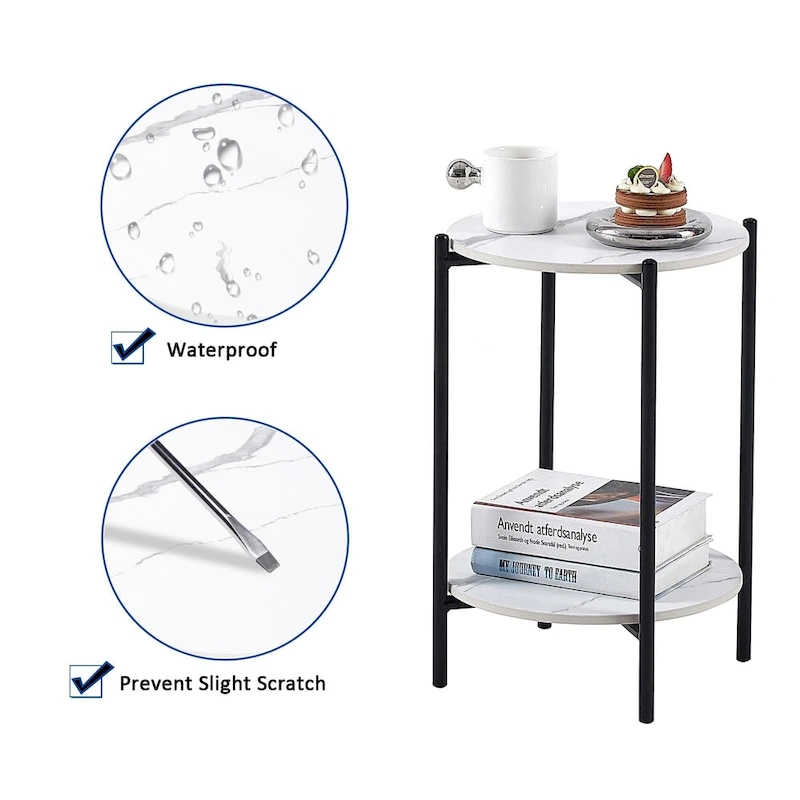 2-layer Round End Table/Coffee Table with Marble Tabletop