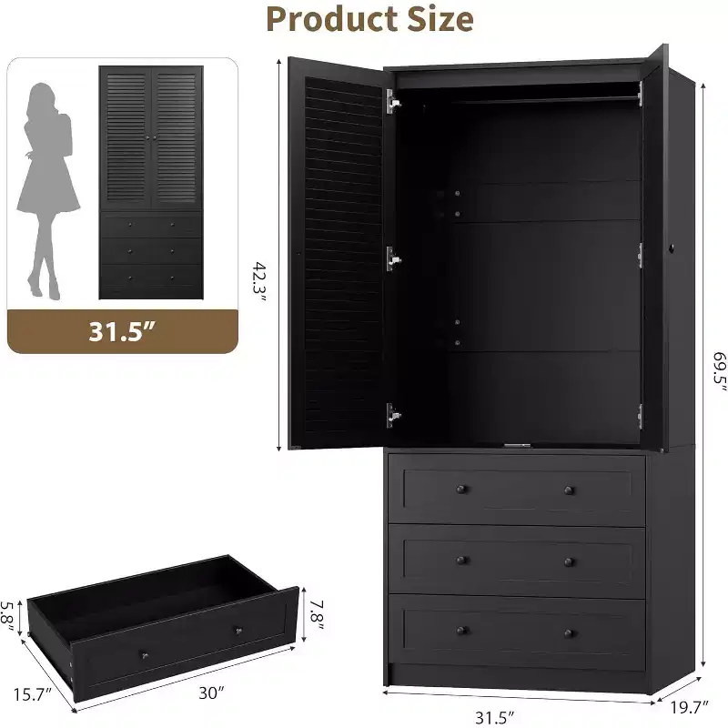 Armoire Wardrobe with Hanging Rod and Drawers, 2-Door Tall Wood Storage Cabinet for Bedroom Organization, Natural Finish