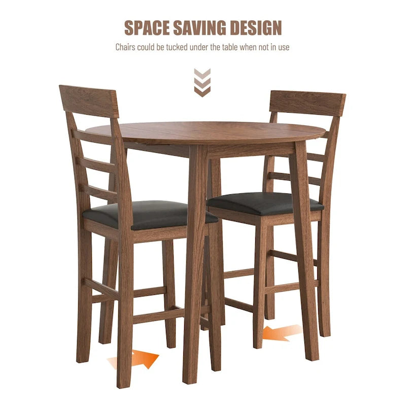 3PCS Retro Round Counter Height Drop-Leaf Table Set