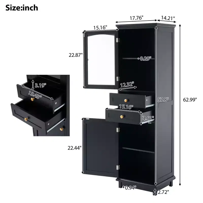 Okak 63 Inch Tall Bathroom Storage Cabinet with Glass Doors, Slim Freestanding Storage Cabinet with 2 Drawers and Adjustable Shelf