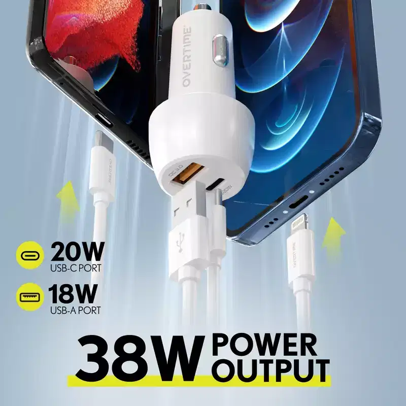 Overtime 38W Rapid Car Charger with USB-A and Type-C Ports, White