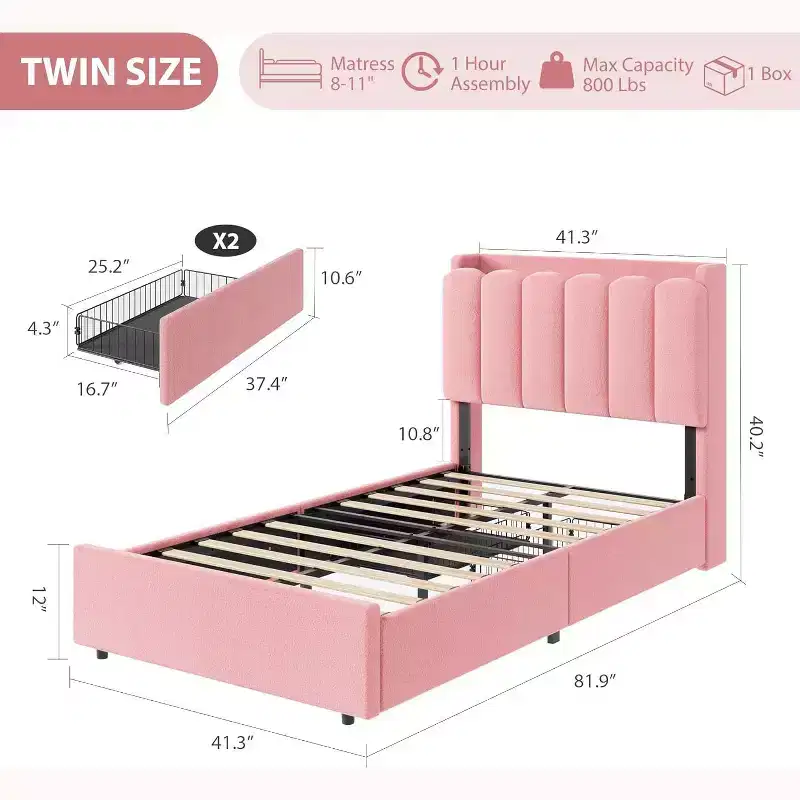 LED Twin Size Bed Frame with Storage Headboard with 2 Drawers Chic Wavy Headboard with Bookcase, Mattress Foundation with Wooden