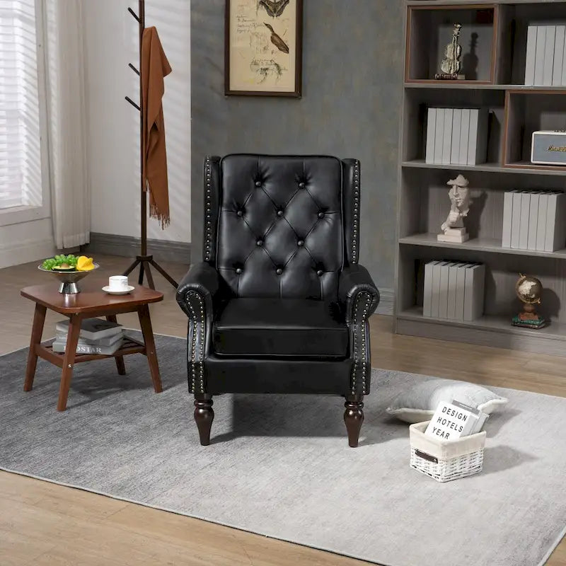 Upholstered PU Leather Accent Chair,Mid Century Button Tufted High Back Arm Chair with Armrest and Solid Wood Legs