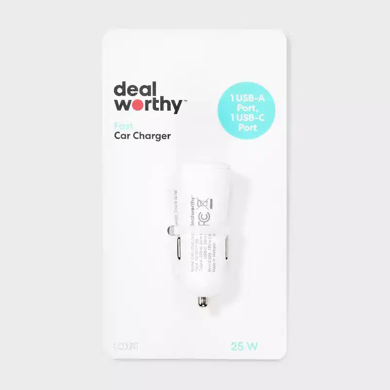 2-Port 25W Car Charger - dealworthy™ White: USB & USB-C Car Adapter