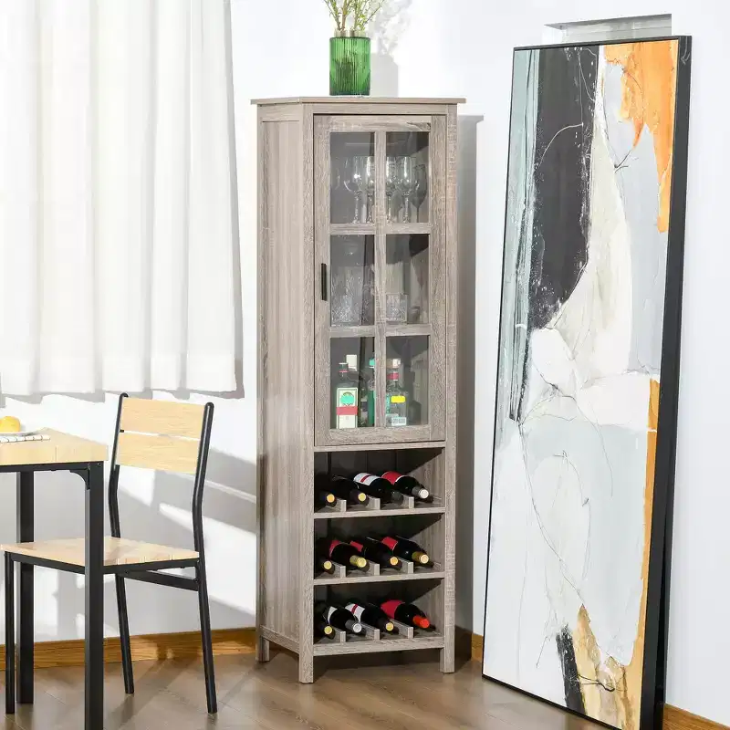 Tall Wine Cabinet, Bar Display Cupboard with 12-Bottle Wine Rack, Glass Door and 3 Storage Compartments for Living Room, Home Bar, Dining Room