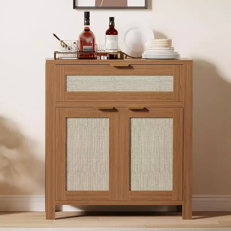 COZONY Oak Rattan Sideboard Cabinet, Narrow Storage Credenza with Adjustable Shelves,Multi-Functional Console Table