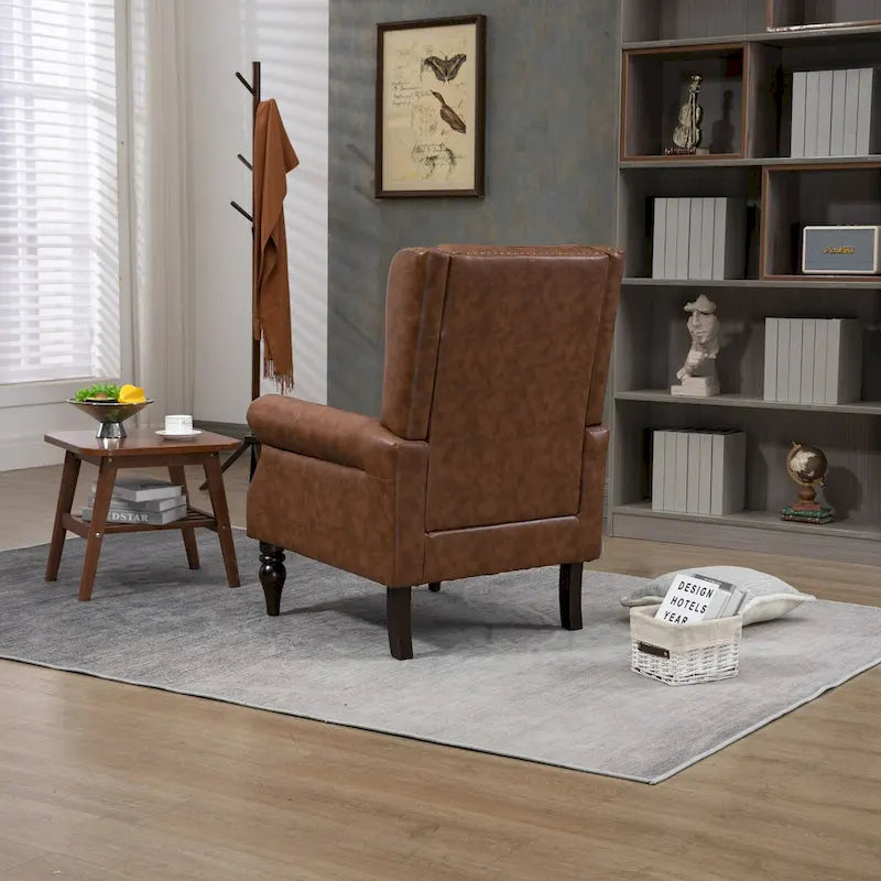Upholstered PU Leather Accent Chair,Mid Century Button Tufted High Back Arm Chair with Armrest and Solid Wood Legs