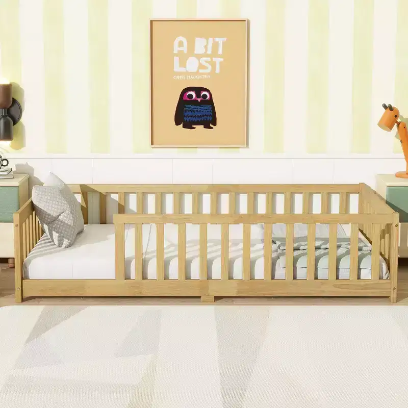 Twin Floor Bed with Fence and Guardrails – Rubberwood, Beige
