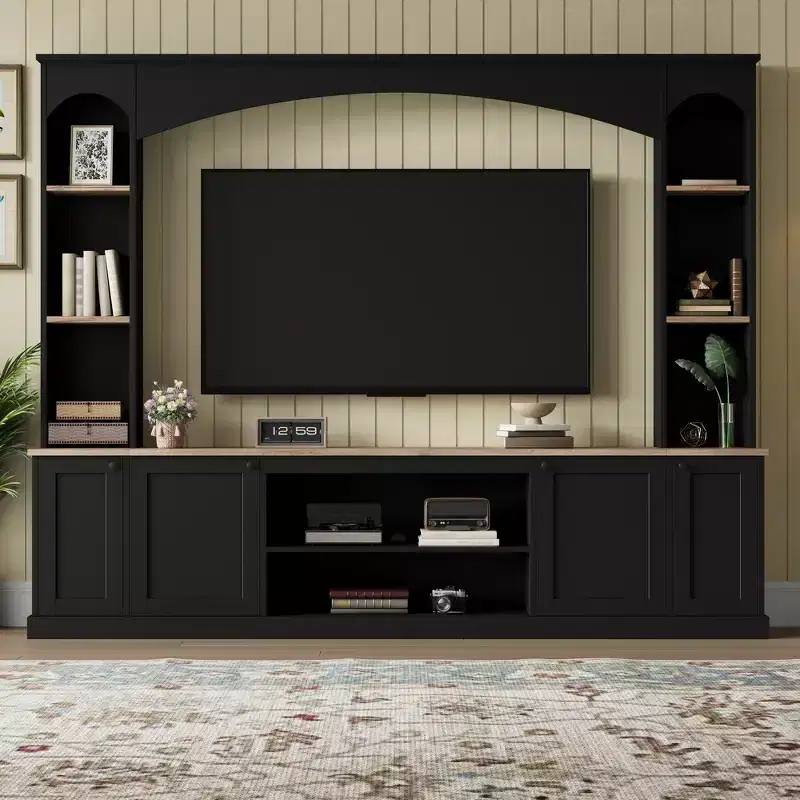 Whisen 91 Media Console, Arched Entertainment Center Wall Unit, Farmhouse TV Stand with Bookshelf, Wood Grain for TVs Up to 70