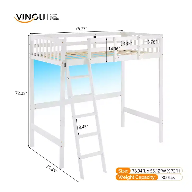 VINGLI Full Wood Loft Bed with USB Charging Station/LED, Solid Wood Bed with Flat Rungs, 15 inches High Guardrail, No Box Spring Needed, White