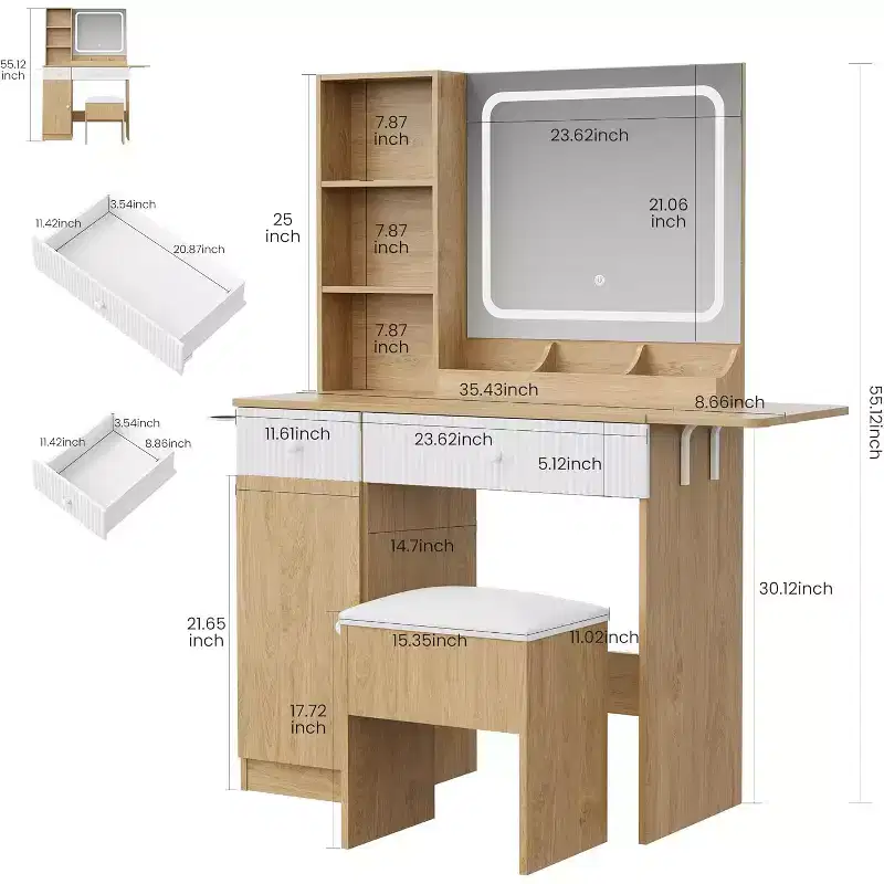Vanity with mirror and light, featuring drawers and a padded stool, equipped with power outlets, suitable for bedrooms and living rooms.