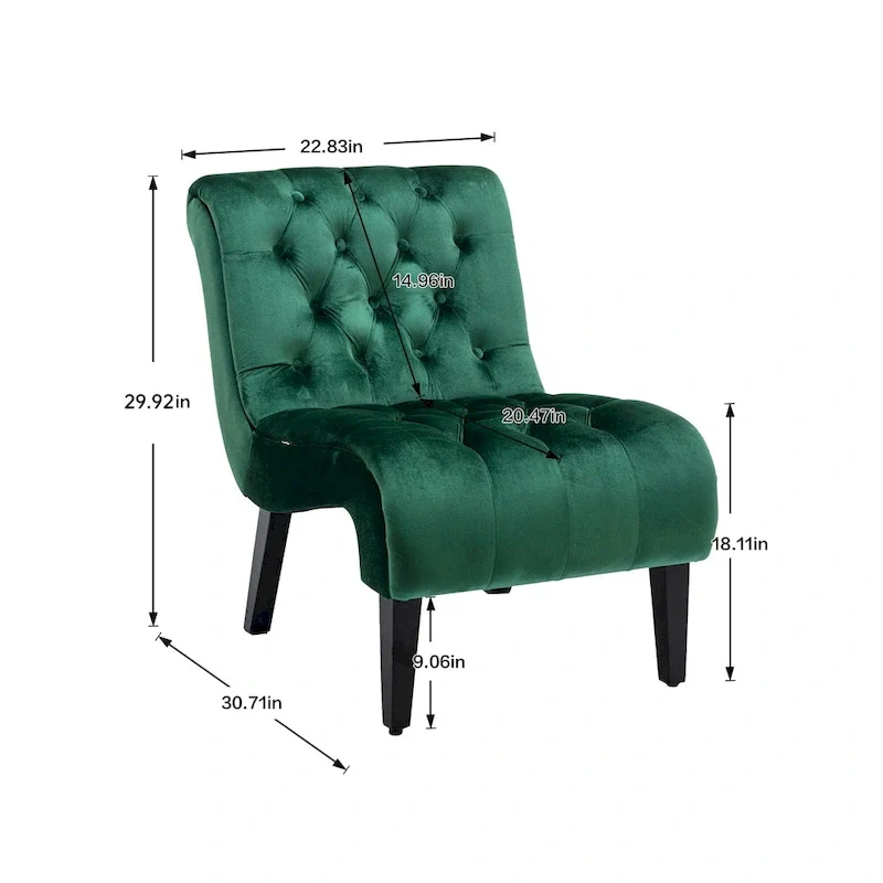 Velvet Armless Accent Chair with Wooden Legs and Thick Cushioned Seat
