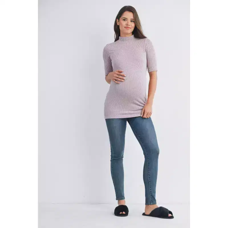 Hello Miz Women's Ribbed Mock Neck Elbow Sleeve Maternity Top