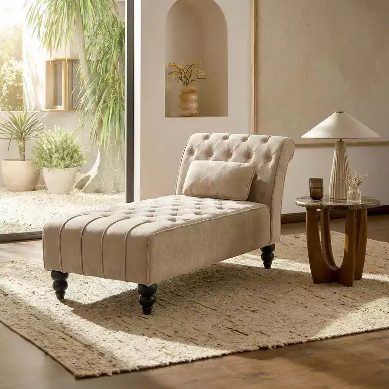 Modern Glam Button-Tufted Velvet Chaise Lounge with Removable Accent Pillow & Turned Wood Legs