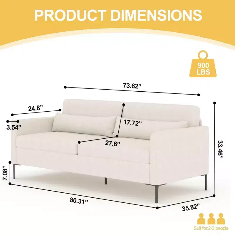 GustoWave 80'' Comfy Couch, 3 Seater Sofa with Metal Legs, Deep Seat Sofa with Linen Fabric, Modern Sofa Couch for Living Room