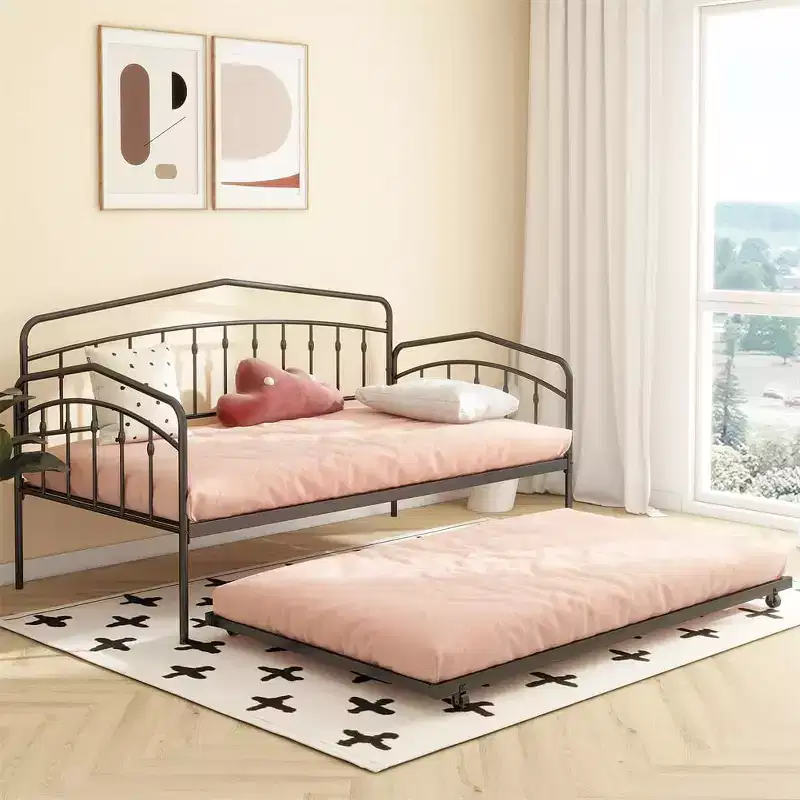 Twin Day Bed with Trundle Bed Twin, Sturdy Metal Frame, Daybed with Trundle Bed Frame, Mattress Foundation with Metal Slats Support