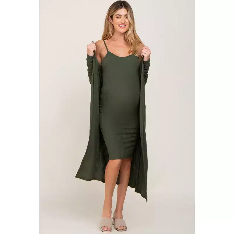 PinkBlush Olive Ribbed Cardigan 2 Piece Maternity Set