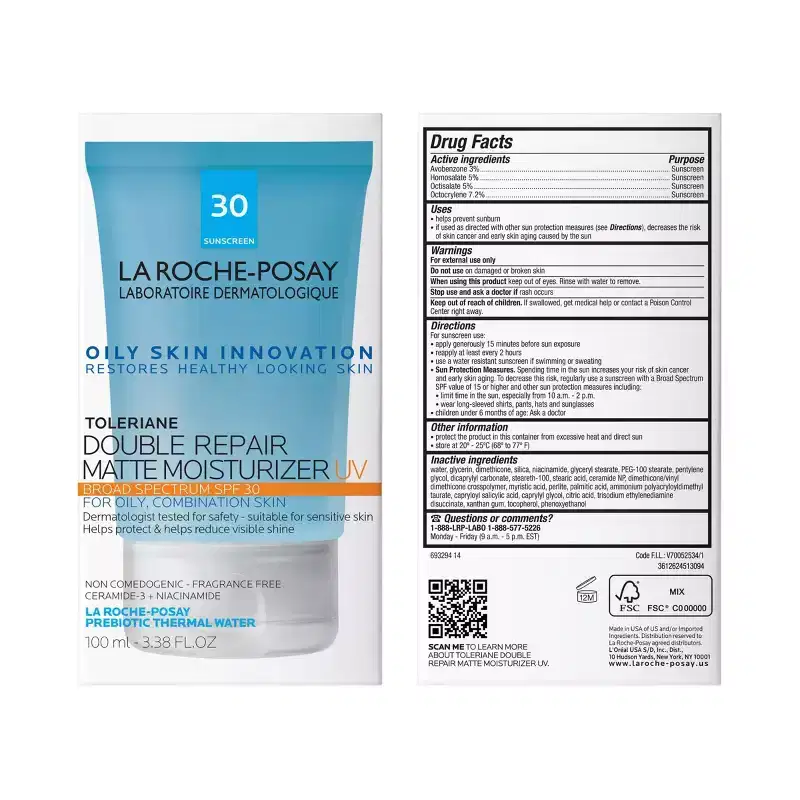 La Roche Posay Toleriane Double Repair Matte Moisturizer For Oily & Combination Skin - SPF 30: Fragrance-Free, Oil-Free, Deep Hydration, Anti-Acne