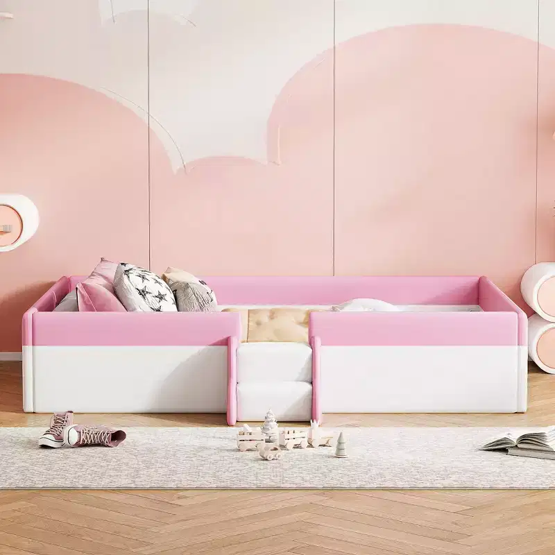 Twin/King Upholstered Daybed Frame with Fence and Stairs, Montessori Kids Floor Bed with Sturdy Slat Support, Pink+White