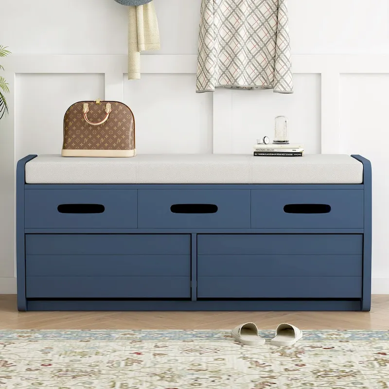 Storage Bench with Drawers and Cushioned Seat