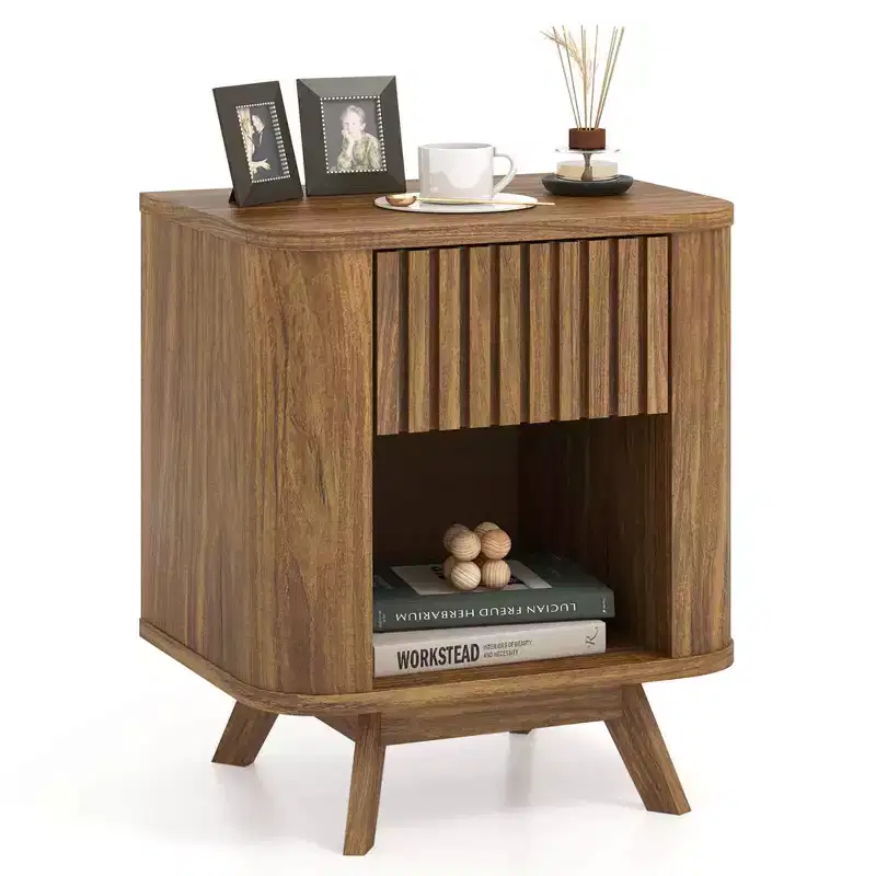 Costway 1/2 PCS Wood Nightstand with Drawer & Open Shelf Storage Home Bedside Table for Bedroom