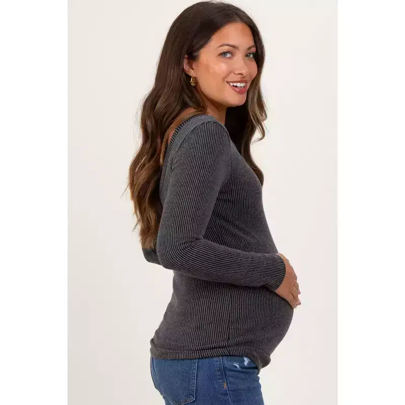 Pinkblush Charcoal Ribbed Scoop Neck Long Sleeve Maternity Top