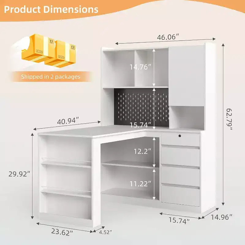 L-Shaped Corner Computer Desk with Charging Station, LED Lights, Drawers & Bookshelf, White