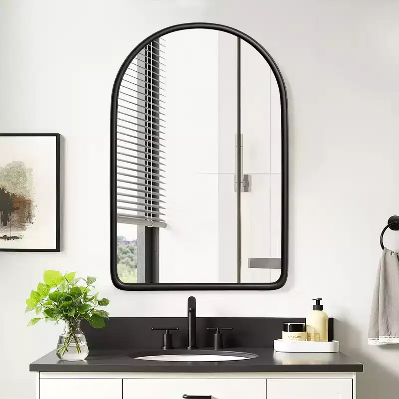 24 x 35.8in Modern Arch Bathroom Medicine Cabinets, Metal Framed Wall Mirror with Storage, Black