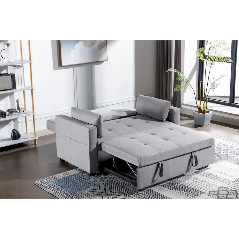 Light Grey Linen Fabric 3-In-1 Convertible Sleeper Loveseat With Side Pocket