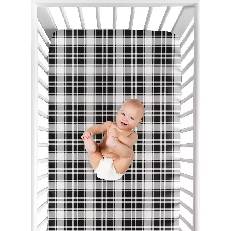 Sweet Jojo Designs Boy, Girl, Unisex/Gender Neutral Baby Fitted Crib Sheet Gingham Plaid Black and White