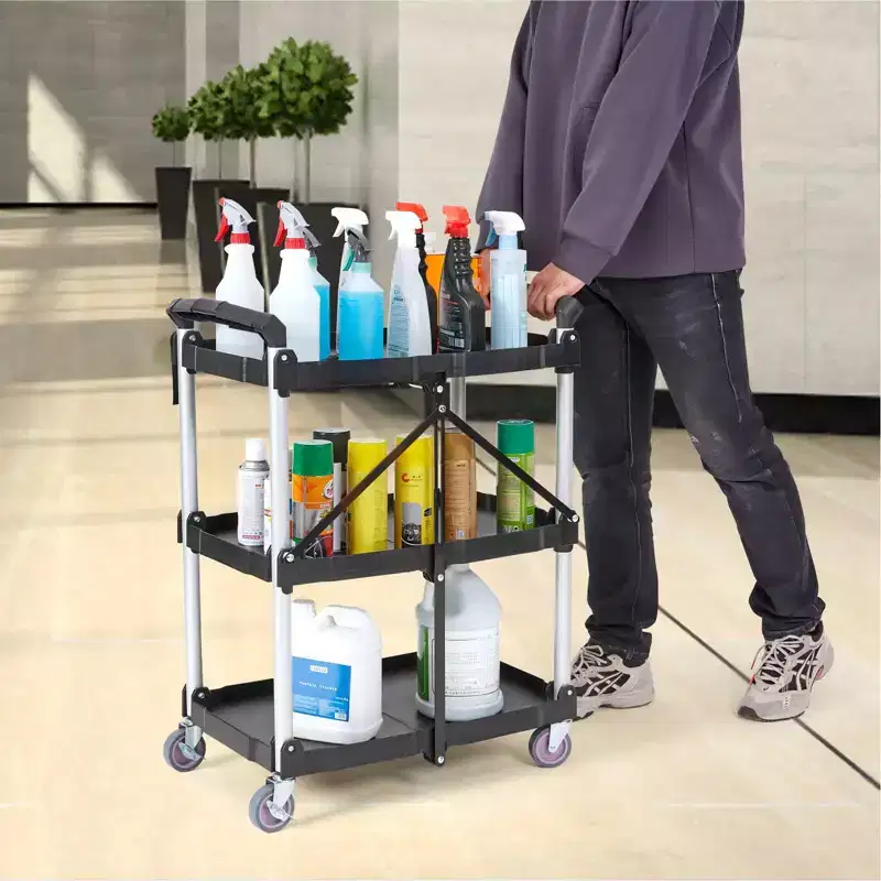 Foldable 3-Shelf Rolling Utility Cart 165 lbs Capacity with Lockable Wheels and Handle