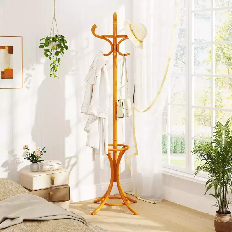 Costway Wood Standing Hat Coat Rack Jacket Bag Hanger Tree 12 Hooks Umbrella Stand