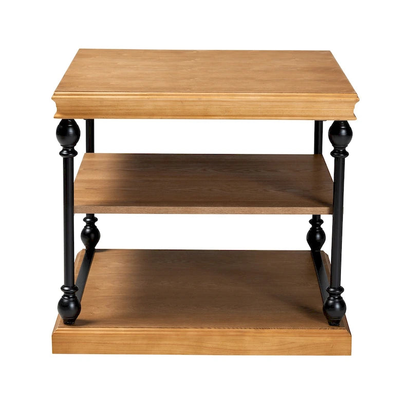 Traditional Industrial Wood and Black Metal 3-Tier End Table