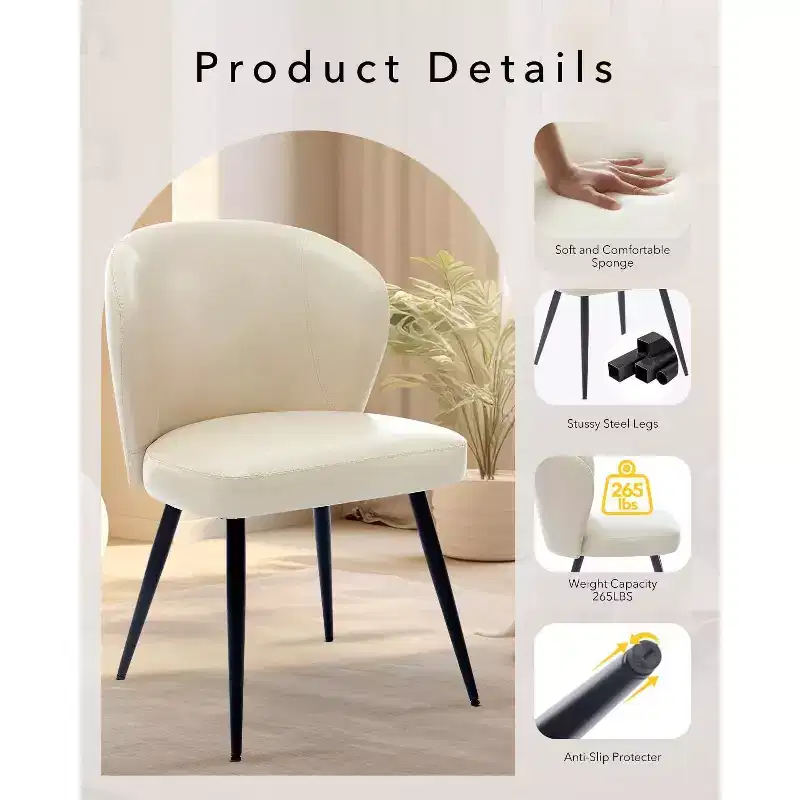 Dining Chairs, Mid-Century Modern Kitchen Dining Room Chairs with Padded Back and Seat, Armless Faux Leather Upholstered Beige