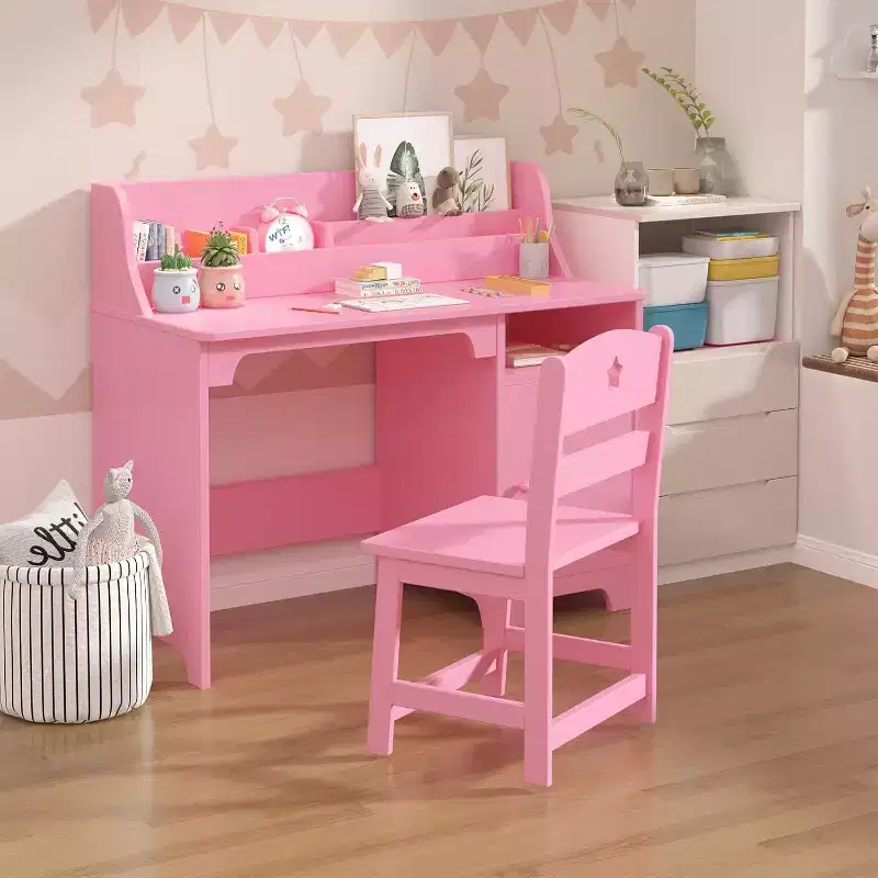 Acekool Kids Desk and Chair Set, Wooden Study Desk with Hutch, Storage Cabinet & Organizer, Student Computer Table for Bedroom