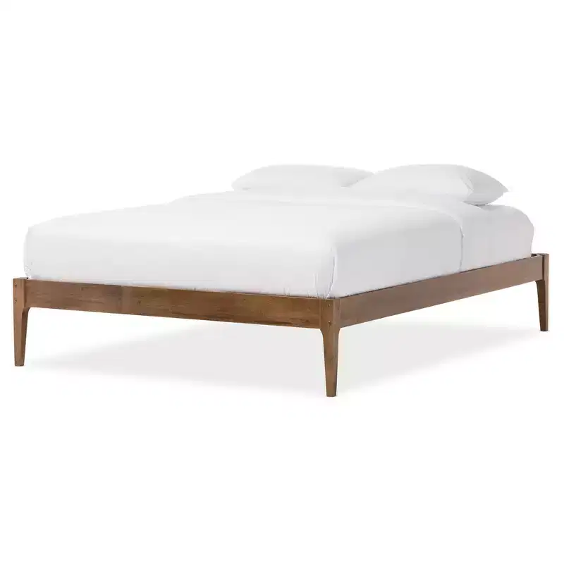 Walnut Brown Mid-Century Platform Bed Frame, Queen, No Headboard
