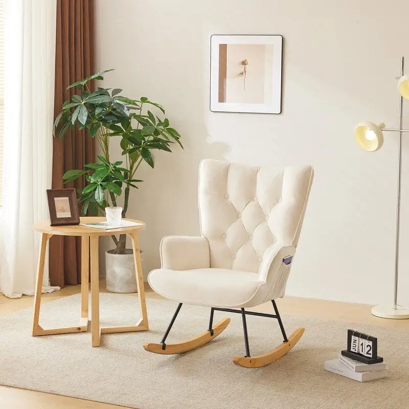 Rocking Chair Nursery, Upholstered Glider Rocker with High Backrest