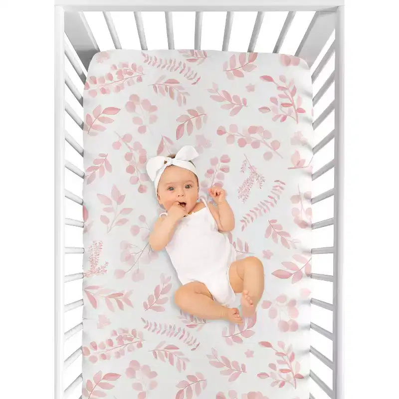 Sweet Jojo Designs Girl Fitted Crib Sheets Set Botanical Blush Pink and White 2pc