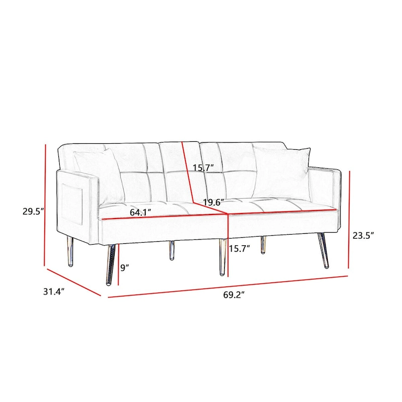 Pink Velvet Sofa Bed, Converts, Adjustable Positions, Central Armrest