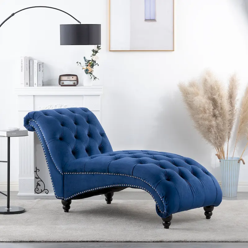 Blue 27.17 Buttons Tufted Chaise Lounge Chair with Nailheads